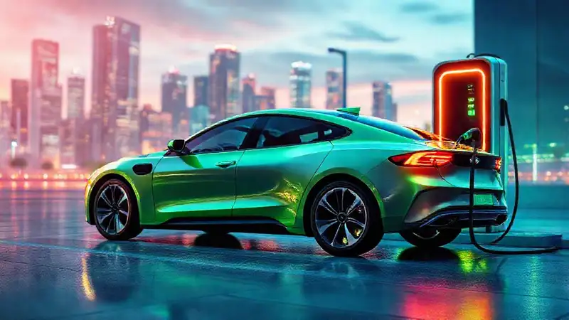 Coche eléctrico en ciudad futurista brillante